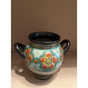 Gouda Holland Art Pottery Borne Orange Blue Ceramic Double Handle Pot 1848